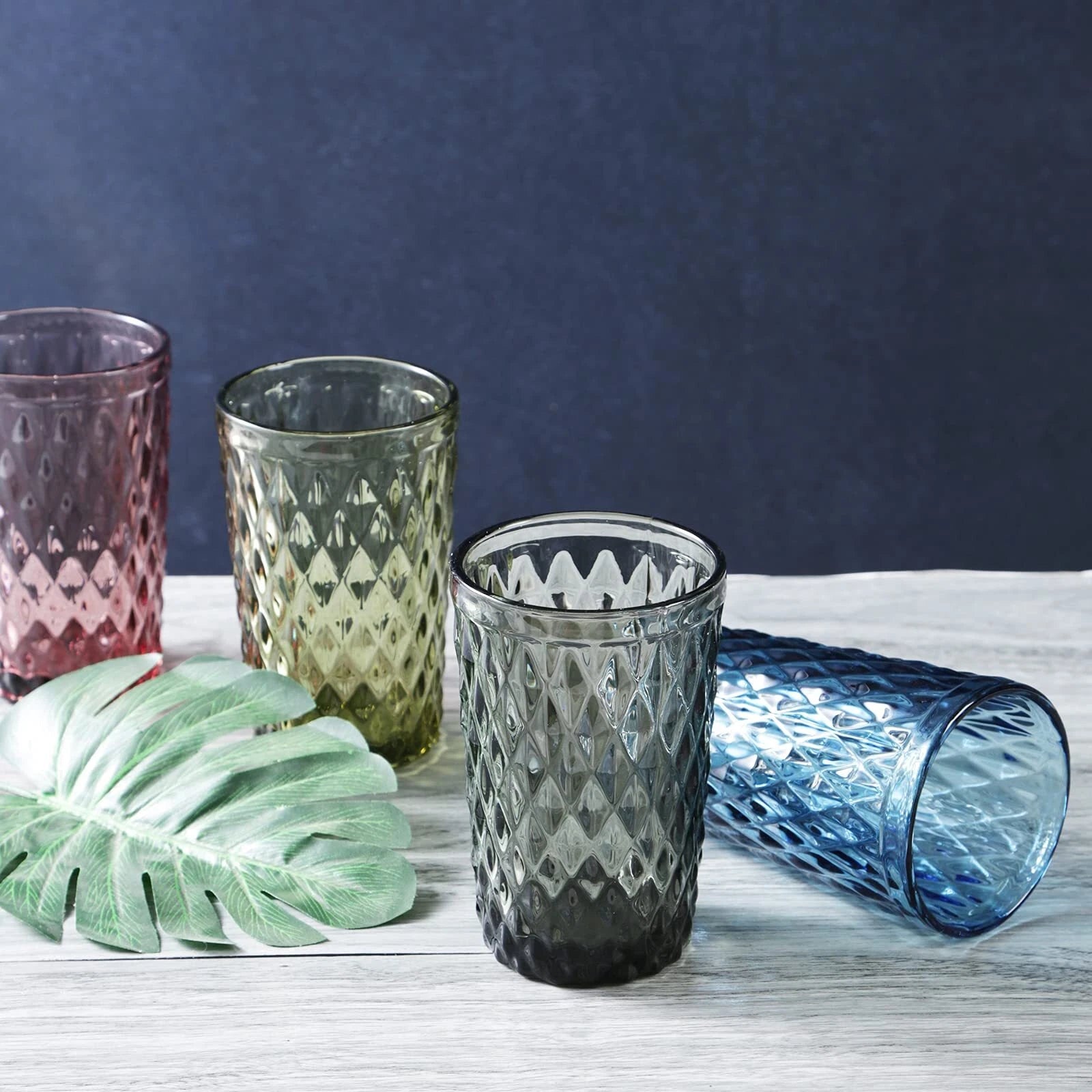 Blue Drinking Glass Set Of 6 Tumbler12 Oz Kitchen Glasses Diamond Glasswarefo | eBay