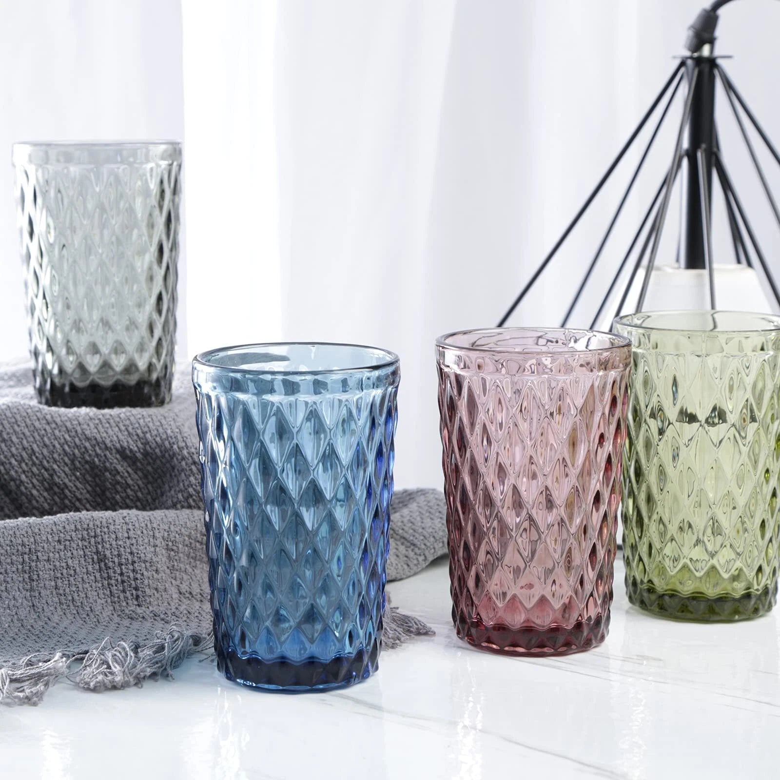 Blue Drinking Glass Set Of 6 Tumbler12 Oz Kitchen Glasses Diamond Glasswarefo | eBay