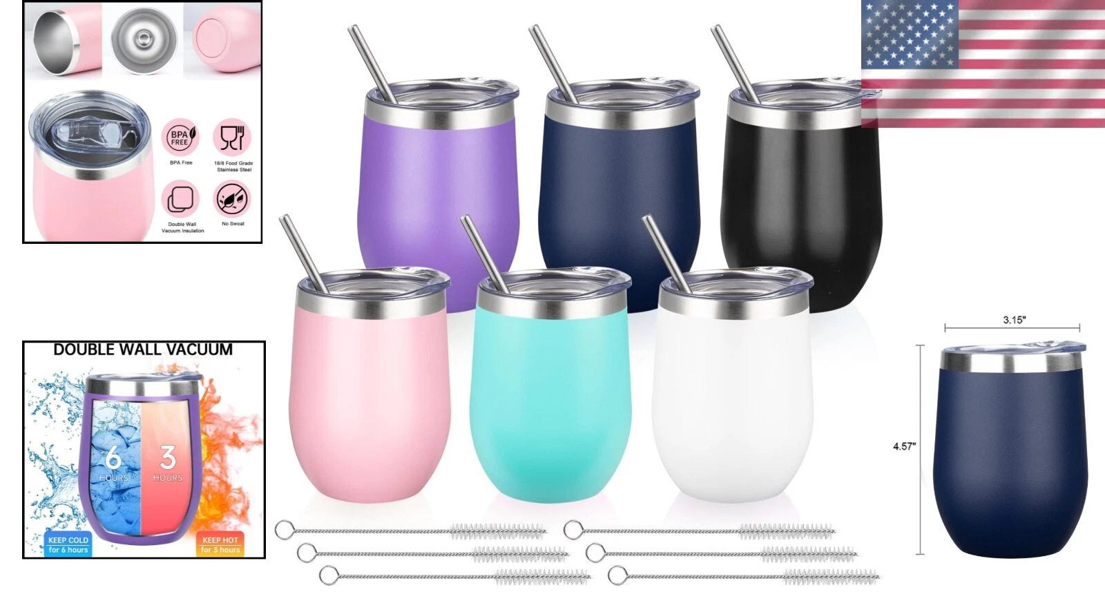 Colorful 12 Oz Insulated Wine Tumblers - Unbreakable Stainless Steel for Travel | eBay