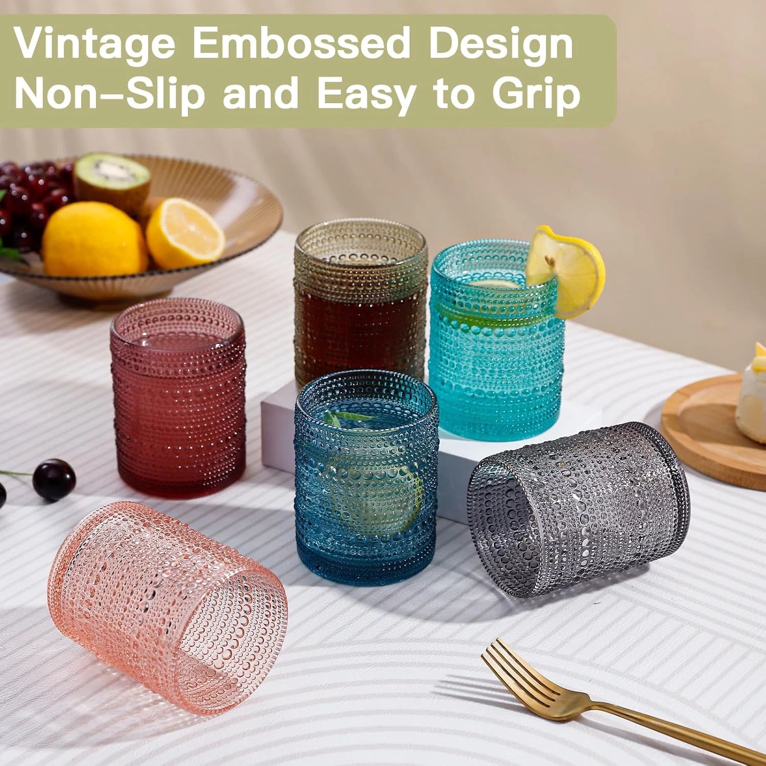 Colored Vintage Hobnail Drinking Glasses Set of 6, Embossed Water Tumbler 12Oz, | eBay