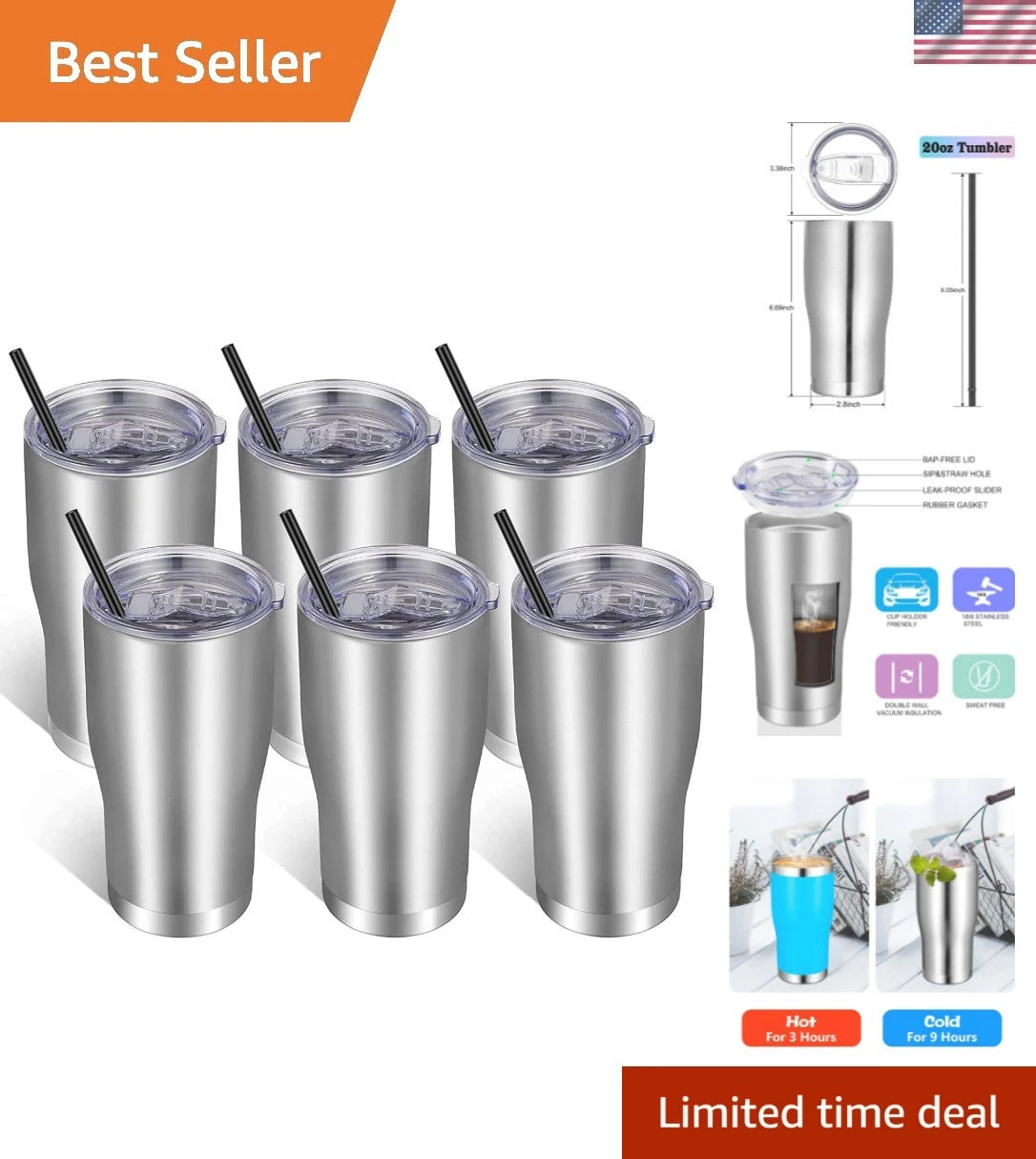 Set of 6 20oz Stainless Steel Travel Tumblers - Perfect for Hot & Cold Drinks | eBay