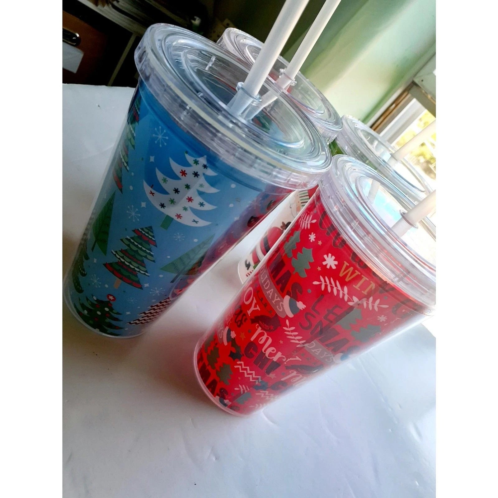 Christmas Theme Water Bottle Tumbler Goblet Lot of 3 with Lid and Straws NWOT | eBay