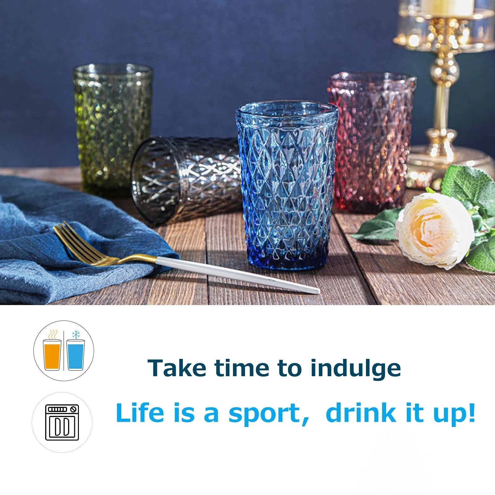 Bandesun blue Drinking Glass Set of 6 - Tumbler(12 oz) Kitchen Glasses Diamon... | eBay