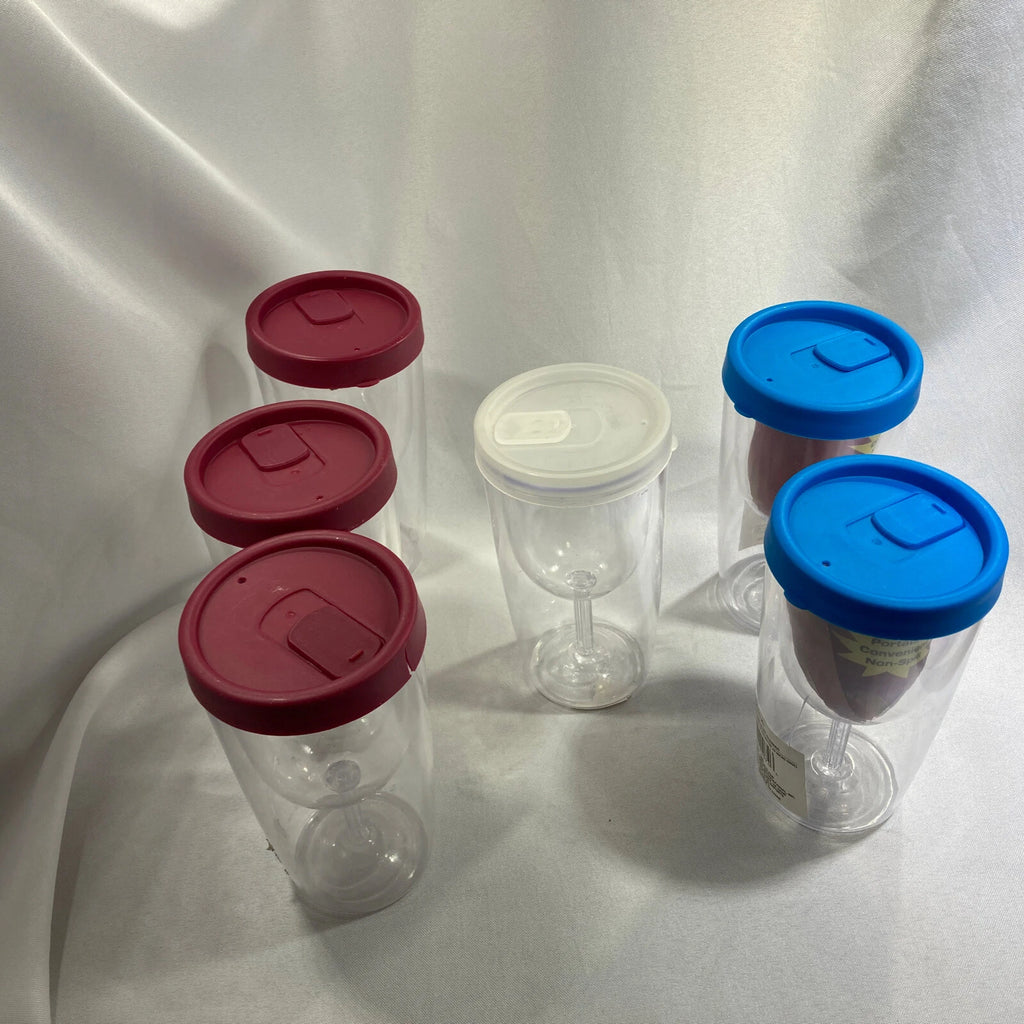 Wine Glass Plastic Tumbler Clear Encased Goblet Cups with Lid Set Of Six | eBay