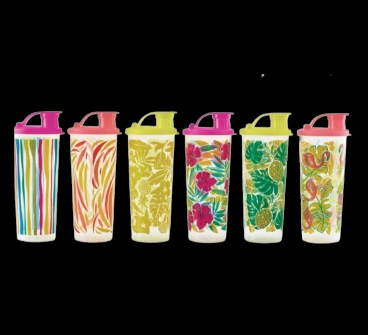 Tupperware Tumblers With Flip Top Lids 16oz Set Of 6 Summer Pineapples Flamingo | eBay