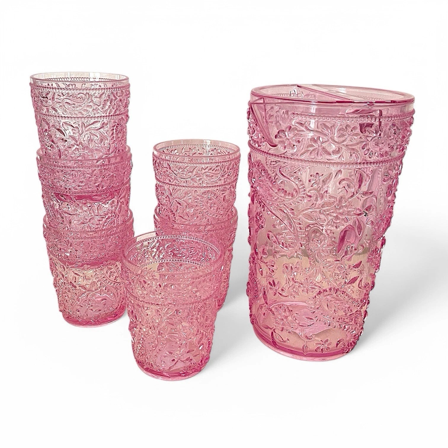PAISLEY FLORAL KNOBBY HOBNAIL ACRYLIC DRINKING GLASSES PITCHER- PINK- NEW S/7 | eBay