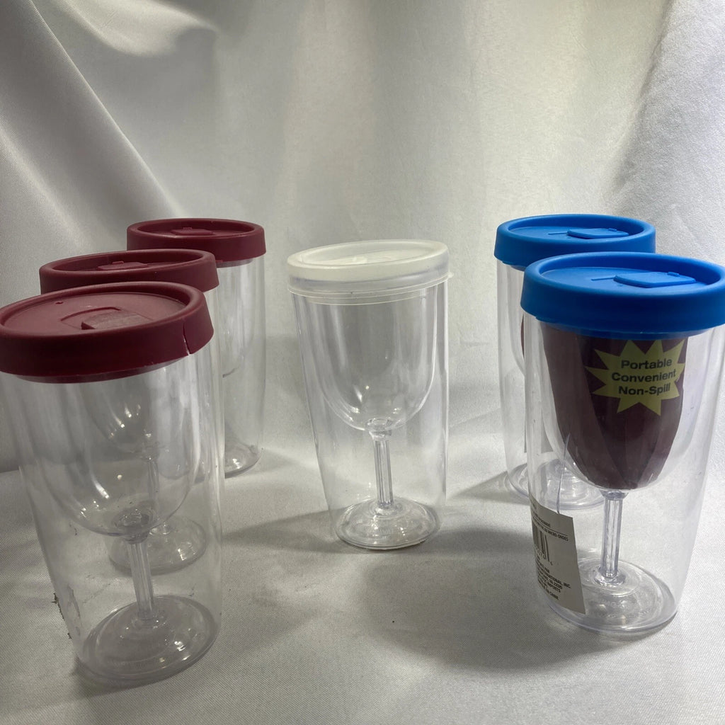 Wine Glass Plastic Tumbler Clear Encased Goblet Cups with Lid Set Of Six | eBay