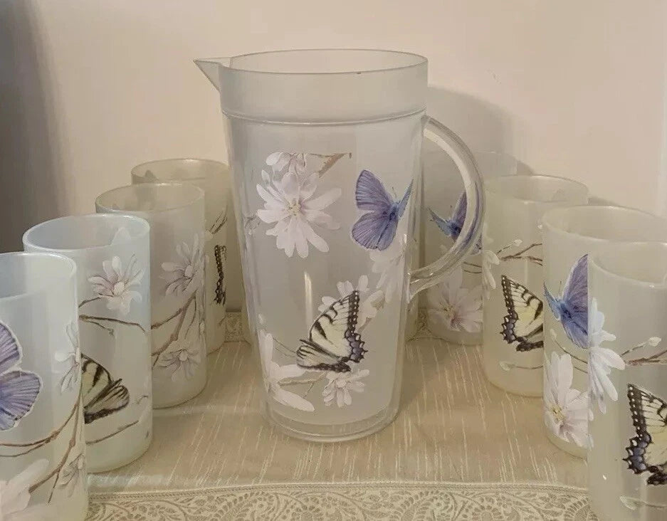 11 Pc-Vntg. Plastic/Acrylic Drinkware Set-Tumblers & Pitcher Butterflies Flowers | eBay