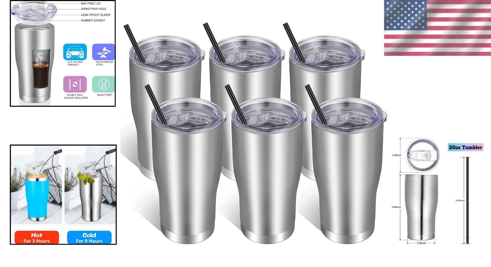 Set of 6 20oz Stainless Steel Travel Tumblers - Perfect for Hot & Cold Drinks | eBay