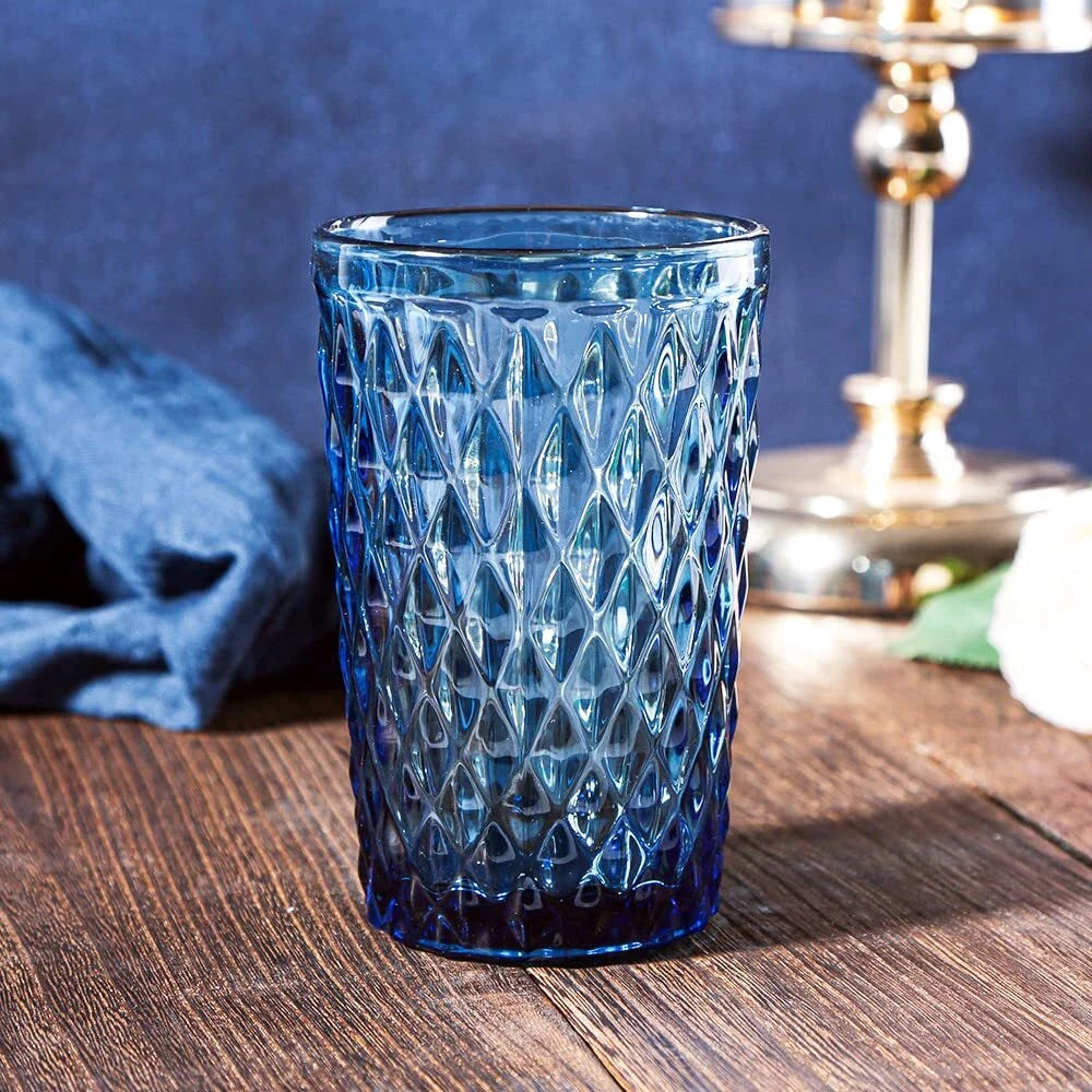 Blue Drinking Glass Set Of 6 Tumbler12 Oz Kitchen Glasses Diamond Glasswarefo | eBay