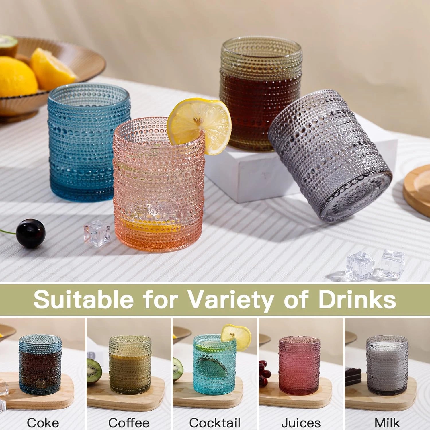 Colored Vintage Hobnail Drinking Glasses Set of 6, Embossed Water Tumbler 12Oz, | eBay