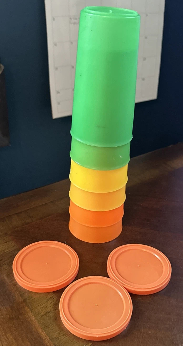VTG Set of 6 Plastic Classes Green Orange and Yellow with 3 orange Lids | eBay