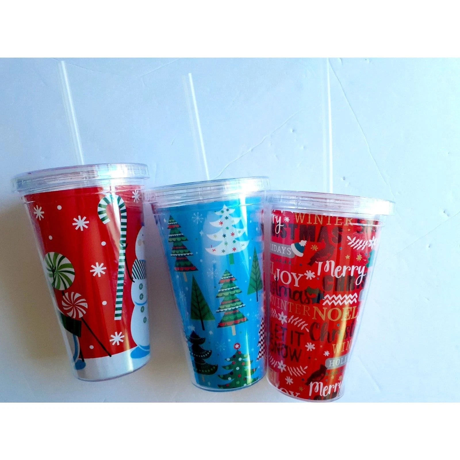 Christmas Theme Water Bottle Tumbler Goblet Lot of 3 with Lid and Straws NWOT | eBay