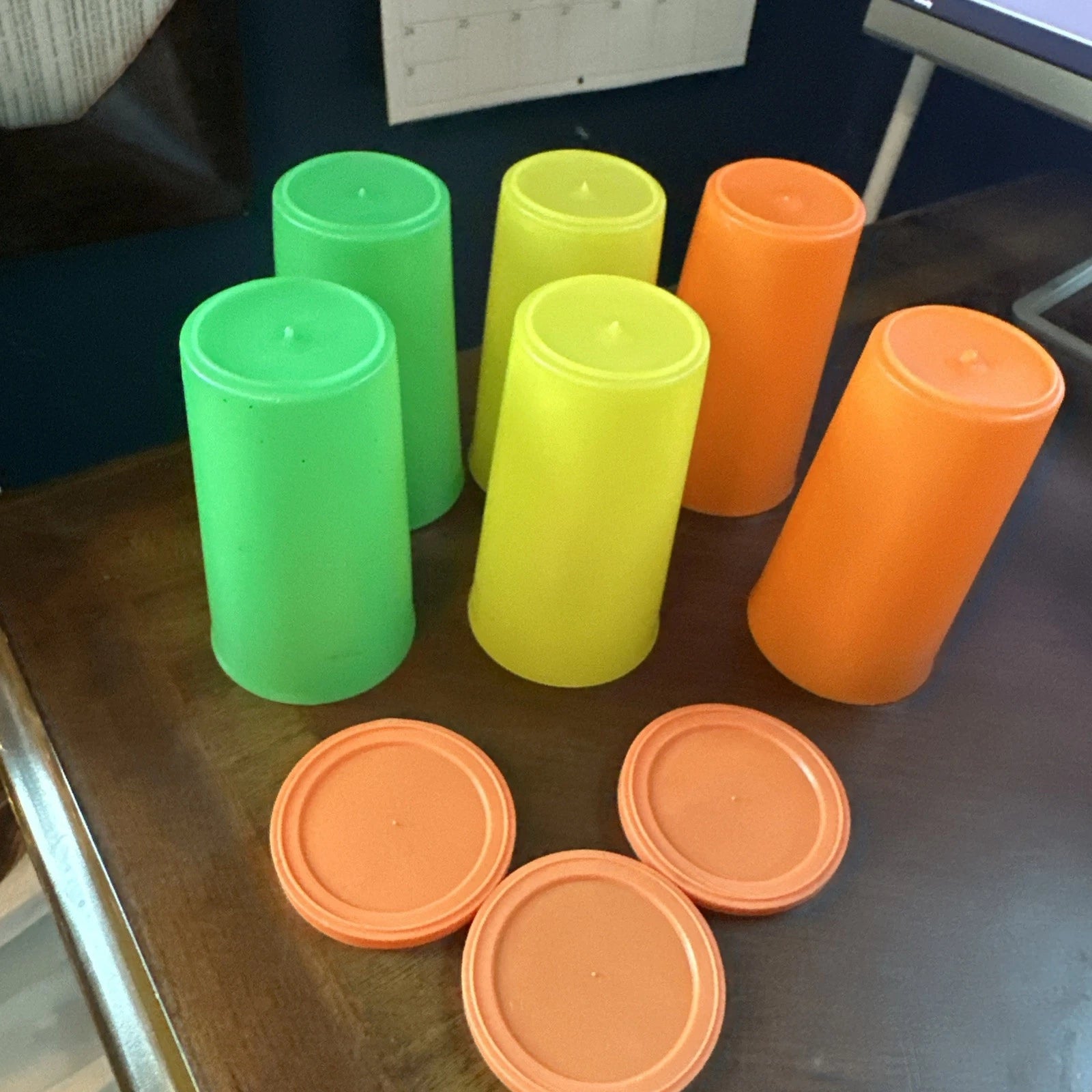 VTG Set of 6 Plastic Classes Green Orange and Yellow with 3 orange Lids | eBay