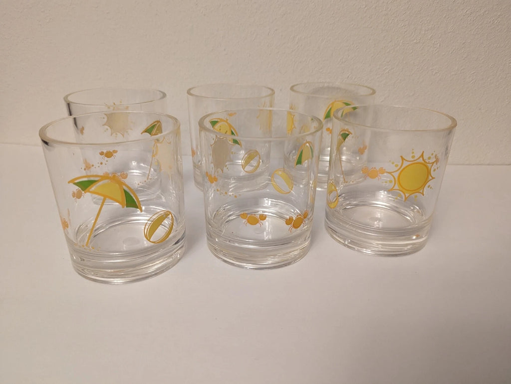 Set of 6 plastic glasses tumblers Sun Beach Ball Umbrella Crabs 4” yellow green | eBay