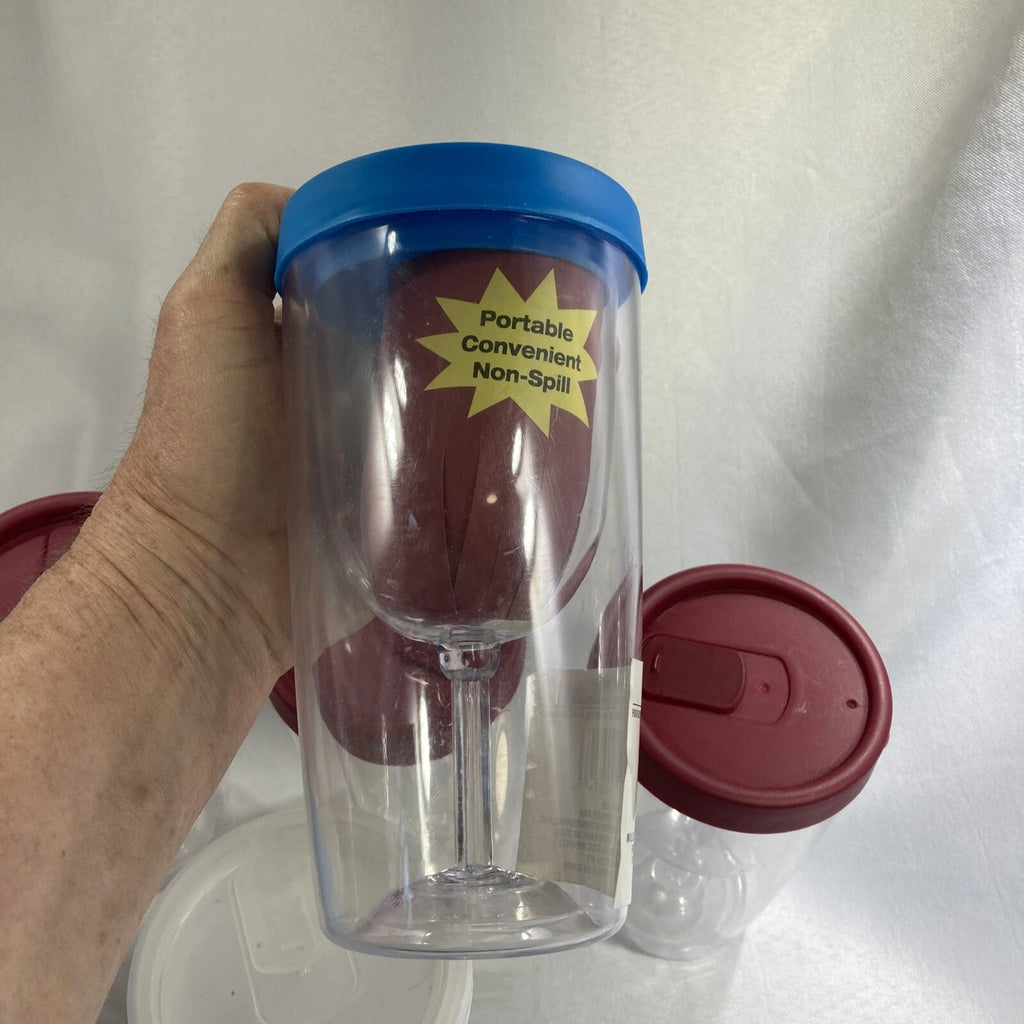 Wine Glass Plastic Tumbler Clear Encased Goblet Cups with Lid Set Of Six | eBay