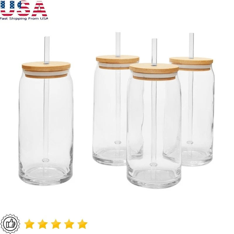 Briar Can Glass Drinkware Set of 4 Bamboo Lids Straws Ideal Parties Events New | eBay