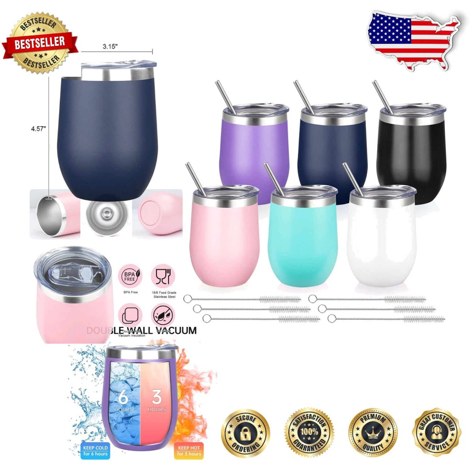 Colorful 12 Oz Insulated Wine Tumblers - Unbreakable Stainless Steel for Travel | eBay