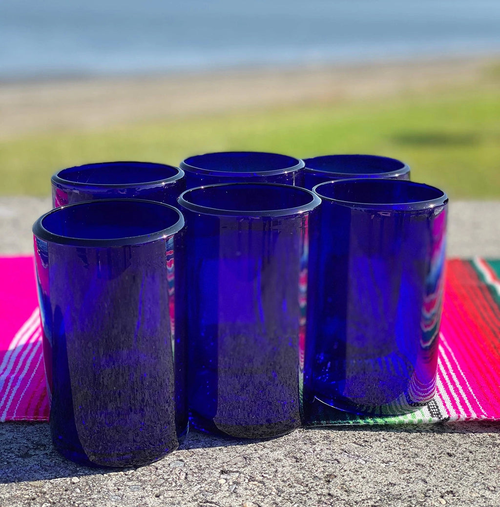 Hand Blown Mexican Drinking Glasses “ Set Of 6 Cobalt Water Glasses 14 Oz Each | eBay