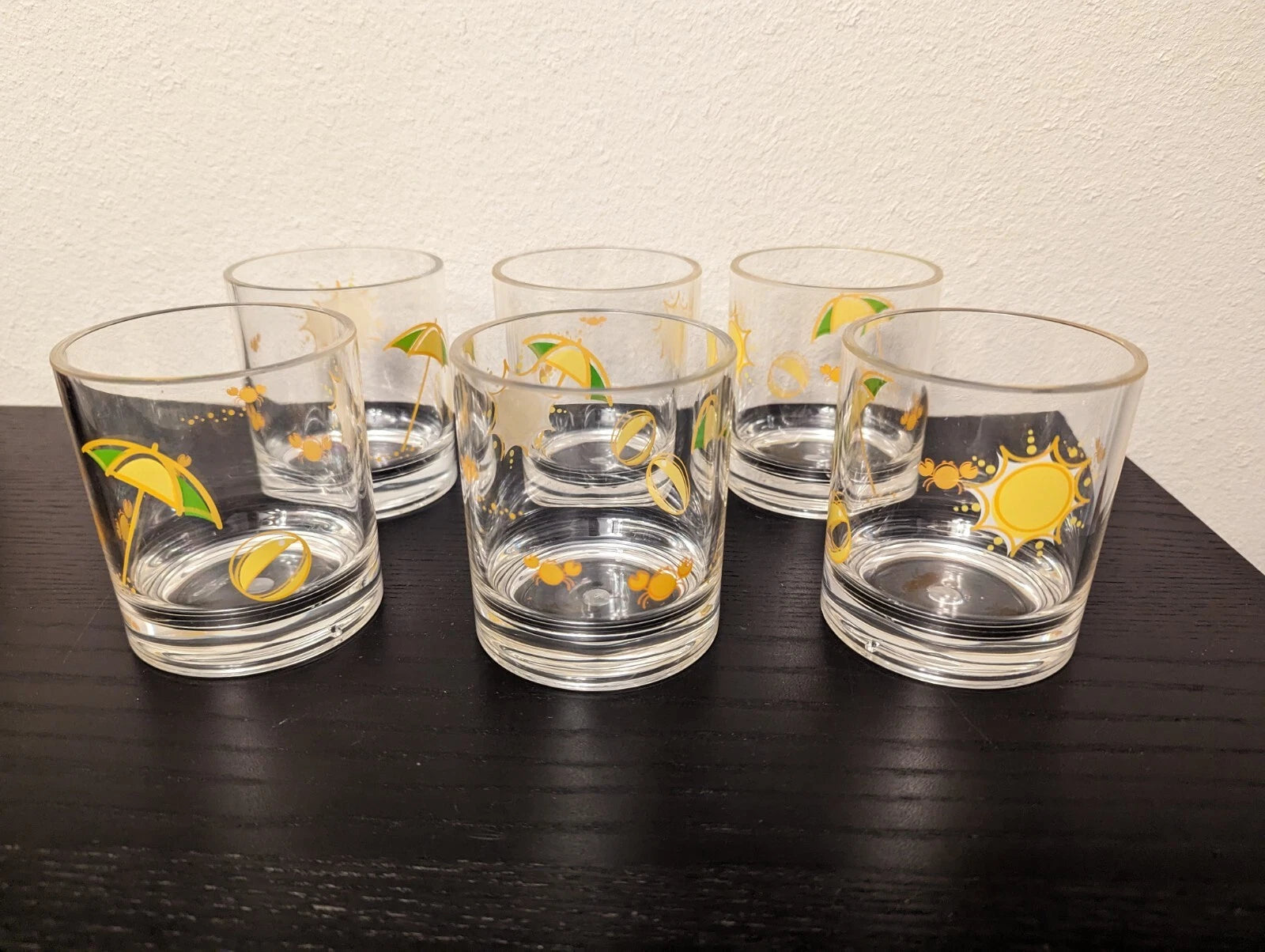 Set of 6 plastic glasses tumblers Sun Beach Ball Umbrella Crabs 4” yellow green | eBay