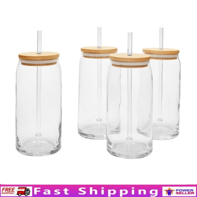 Briar Can Glass Drinkware Set of 4 W/ Lids Straws BPA Free Perfect Entertaining | eBay