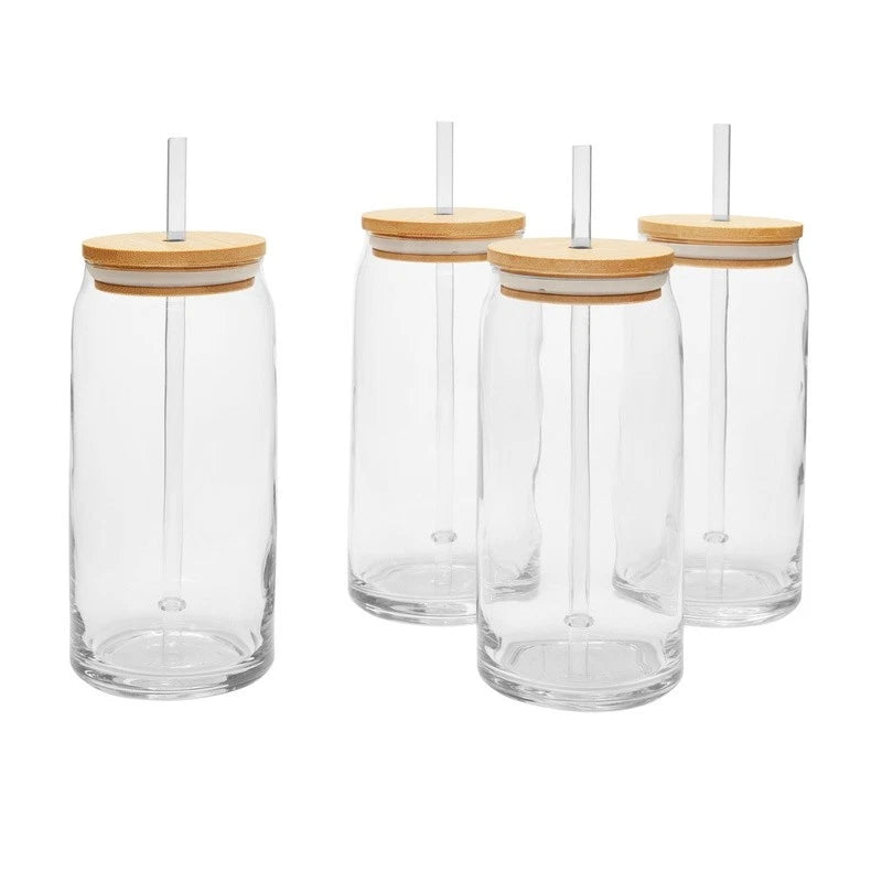 Briar Can Glass Drinkware Set of 4 Bamboo Lids Straws Ideal Parties Events New | eBay