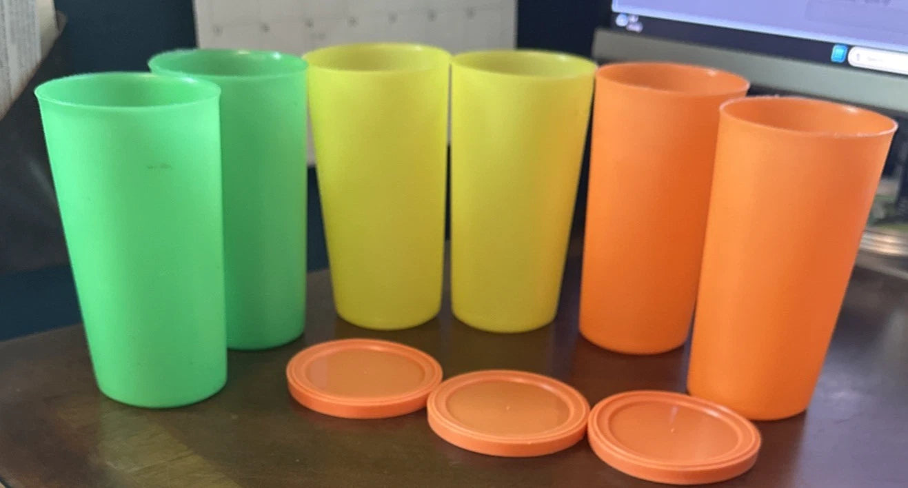 VTG Set of 6 Plastic Classes Green Orange and Yellow with 3 orange Lids | eBay
