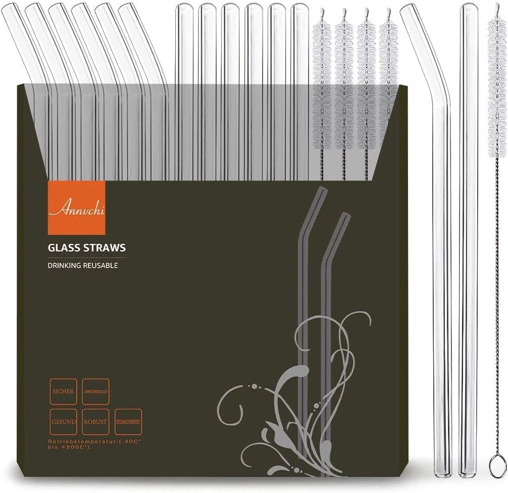 16 Pack Reusable Glass Straws,Set of 6 Straight and 6 8.5''x10mm, Transparent | eBay