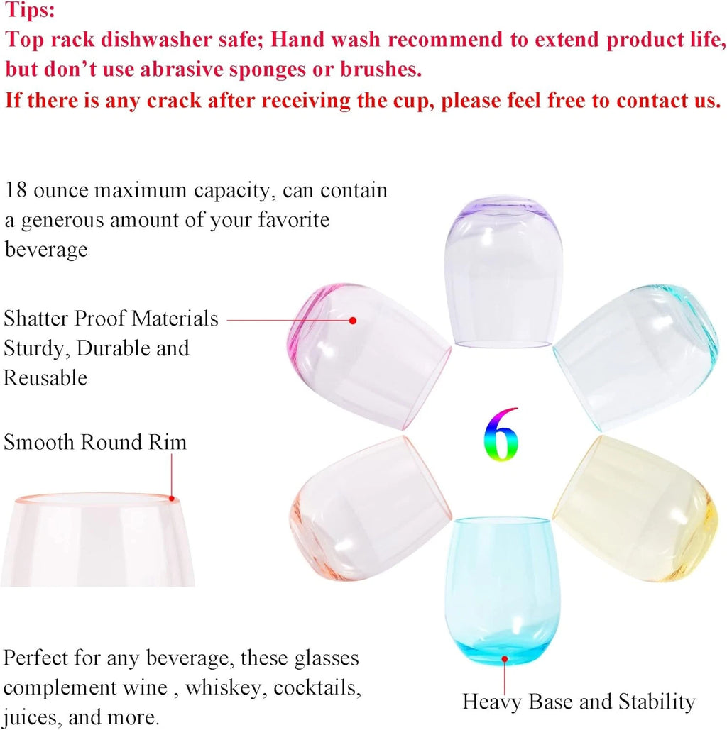 18oz Stemless Acrylic Wine Glasses Set of 6 Multicolor Unbreakable Tumblers | eBay
