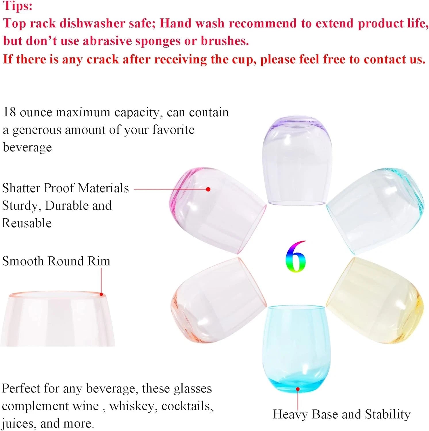 18oz Stemless Acrylic Wine Glasses Set of 6 Multicolor Unbreakable Tumblers | eBay
