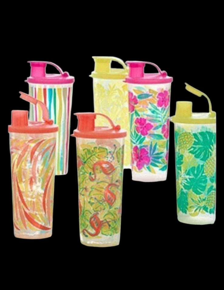 Tupperware Tumblers With Flip Top Lids 16oz Set Of 6 Summer Pineapples Flamingo | eBay